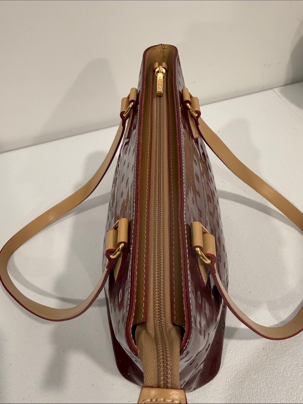 Arcadia Burgundy Patent Leather Shoulder Bag with Gold Plaque - Picture 9 of 11